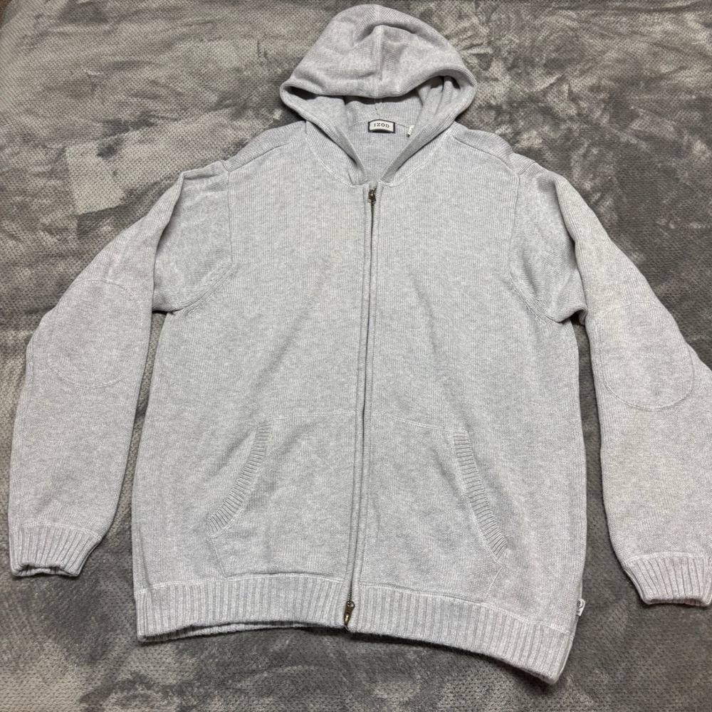 IZOD Mens Full Zip Knit Hoodie Sweater Gray 100% Cotton Elbow Patch L